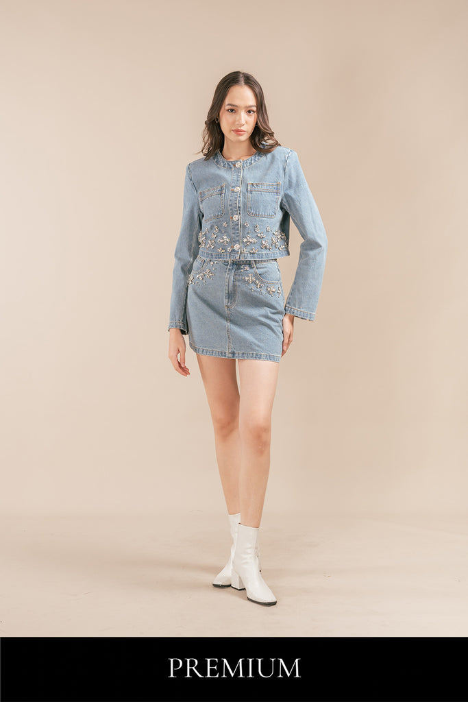 Silvene High Waist Diamond Embellished Mini A Line Skirt