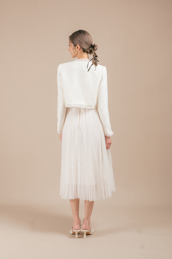 Gerovicca Tulle Ruffled Cropped Tweed Cardigan