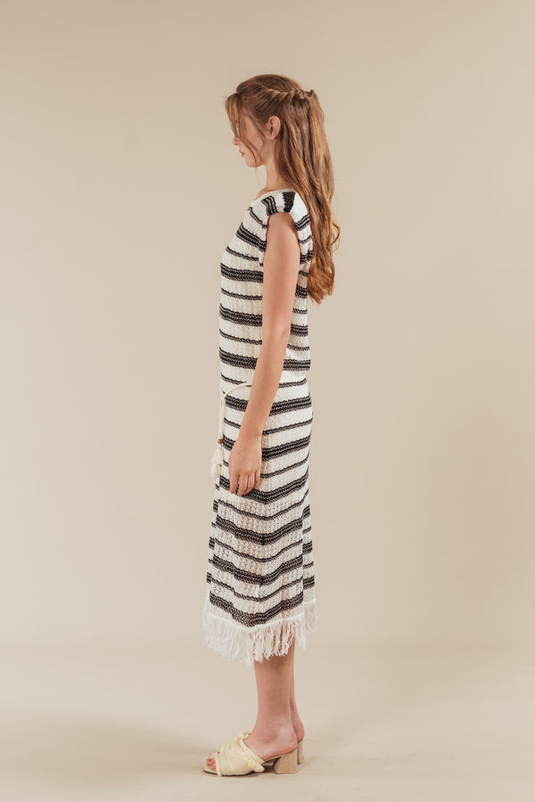 Orellia Striped Crochet Fringe Waist String Maxi Dress