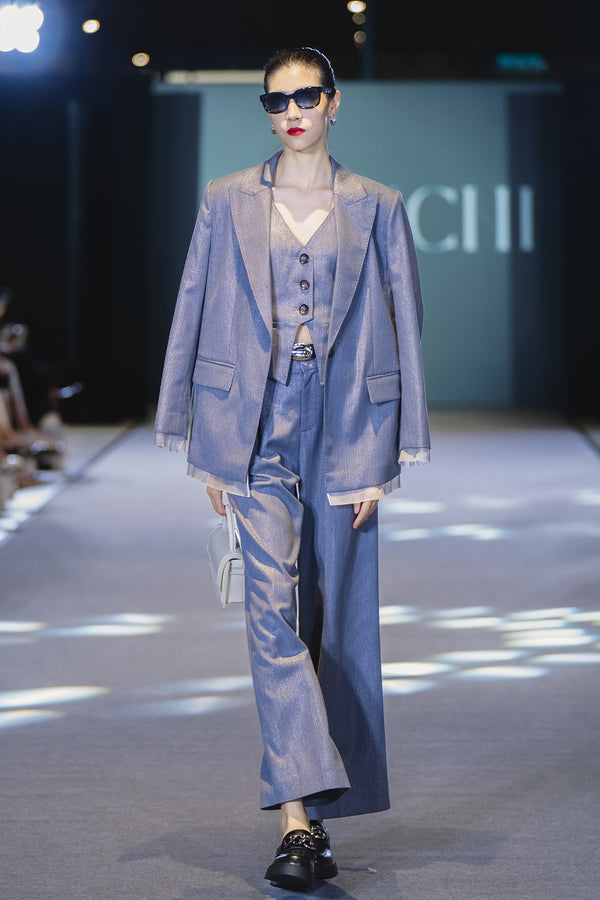 Plisse Wide Leg Suit Pants