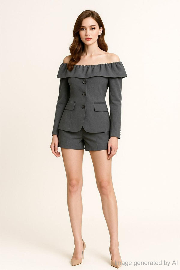 Serelise Off-Shoulder Button Back Slit Blazer Top