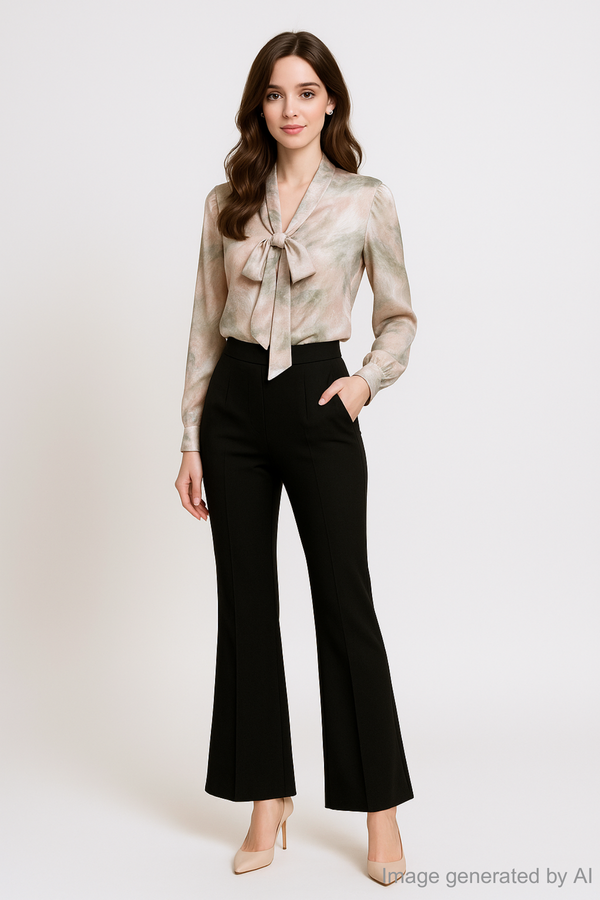 Virellee Neck Tie Drip-Dye Satin Long Sleeve Blouse