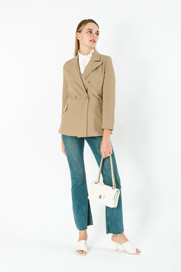 Hydyeaa Assymetrical Buttoned Waist Belt Double Breasted Blazer
